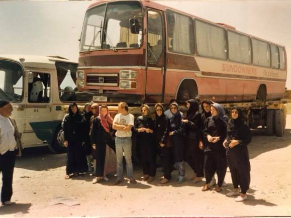 DRT680T - nicknamed the 'Pink Panther'. Driver on this trip was Steve Tester. The coach had to be transported across Iran from Pakistan to Turkey after it lost its air filter and suffered engine damage in the Baluchistan desert.