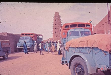 PMJ308J at Agadez (Alison Bennet) -- Three Bedford RLs departed London on an Africa Southbound in November 1970. (The Land Rover on the left was not part of the expedition. It was simply coincidence it had a similar colour scheme to the Encounter Overland trucks.)